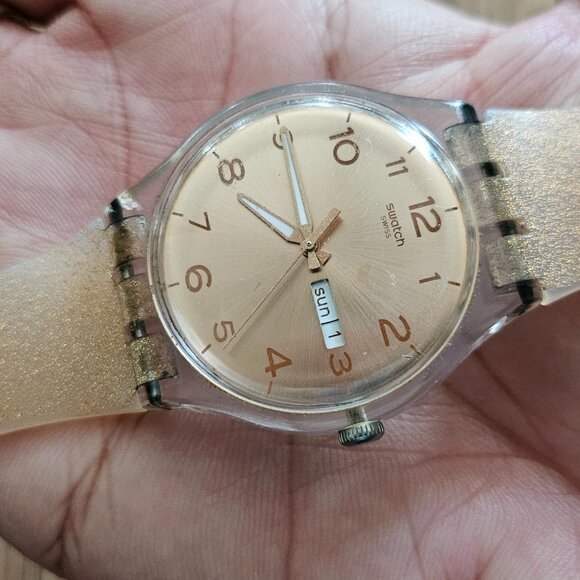 Swatch Pink Glistar SUOK703 Watch 40mm Silicone Rose Gold Tone Glitter - Picture 5 of 13